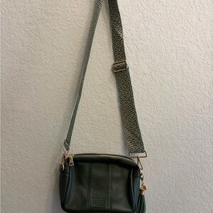 Forest Green Leather Crossbody with Patterned Adjustable Strap